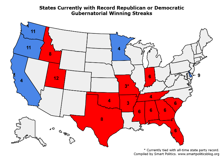Map of active partisan gubernatorial winning streaks
