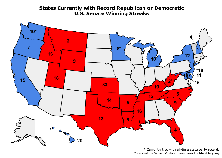 Map of states with partisan record winning streaks in U.S. Senate elections