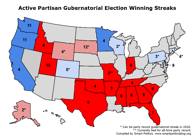 Map depicting states with active partisan gubernatorial winning streak state records